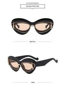 Vues de face et de profil de lunettes de soleil œil-de-chat noires à verres thé