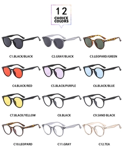 Detailed grid view of retro round sunglasses showing 12 vibrant color lens options