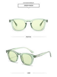 Detail view of retro oval sunglasses with translucent green frames and metal hinges