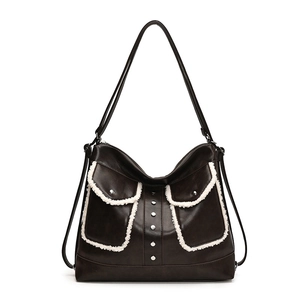 Retro PU leather shoulder bag in dark brown with fuzzy fleece trim and silver metal studs