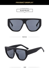 Detail view of large polygon sunglasses with flat top and black glossy acetate frames