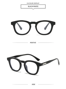 Front and side view of black oval sunglasses with silver metal temple details