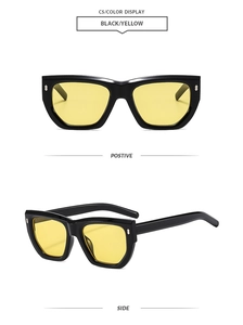 Vues de face et de côté de lunettes de soleil vintage carrées noires avec verres jaunes