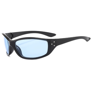 Fashionable wrap-around sports sunglasses with black frame and light blue lenses