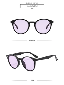 Front and side views of vintage round black sunglasses with lilac tinted lenses