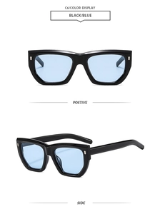 Détails de lunettes de soleil carrées noires avec verres bleu clair et rivets argentés