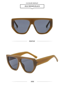 Detailed views of jelly brown oversized polygon sunglasses with thick frames and black lenses