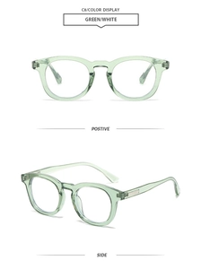 Detailed front and side views of translucent light green oval sunglasses with metal hinges