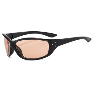 Black wrap-around sports sunglasses with orange lenses and silver rivet detailing