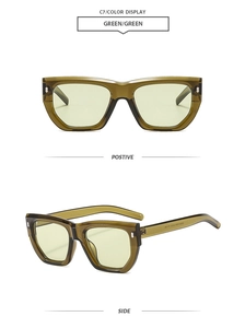 Vue détaillée de lunettes de soleil carrées vert olive avec monture rétro et rivets