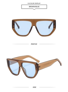 Flat top large frame sunglasses showing brown frames and blue lenses in dual view
