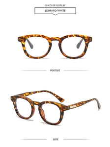 Detailed view of vintage oval leopard print sunglasses from front and side angles