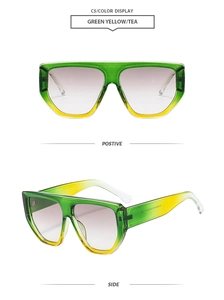 Detail view of large flat-top sunglasses with green-yellow gradient frames and tea lenses