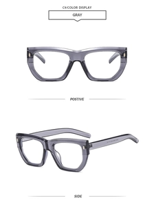 Vues frontale et latérale de montures de lunettes carrées gris transparent au style rétro