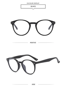 Detailed front and side views of classic black round-frame sunglasses with silver metal rivets