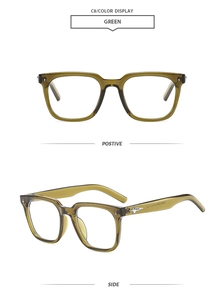 Detail view of olive green square sunglasses with silver star studs and metal hinges
