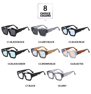 Macro view of 8 different color options for irregular geometric wide frame sunglasses