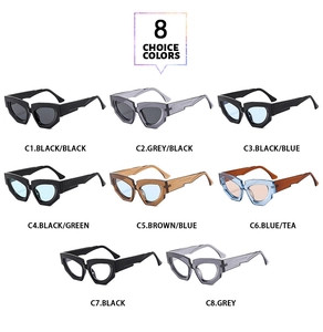 Collage of 8 stylish chunky geometric sunglasses in various colors including black and grey