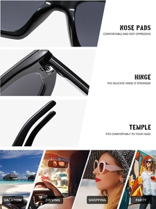 Détail des charnières robustes et plaquettes de nez de lunettes de soleil carrées rétro mode