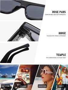 Detailed views of ergonomic nose pads and hinges on stylish oversized black sunglasses