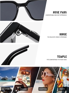 Detail of nose pads, hinges and temples of black square sunglasses for daily scenes