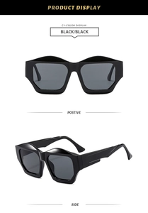 Front and side view of trendy irregular black polygon sunglasses with grey lenses