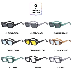 Neuf lunettes de soleil vintage rectangulaires en couleurs variées avec des rivets