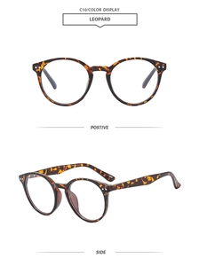 Front and side view of classic retro round leopard print sunglasses with clear lenses