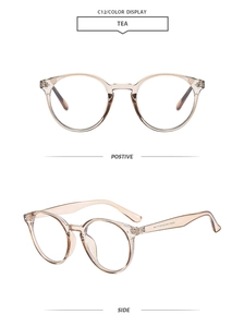 Detail view of tea color round sunglasses with transparent frame and specifications