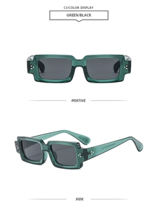Détail de lunettes de soleil rectangulaires vertes transparentes avec verres foncés