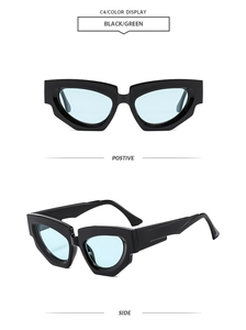 Geometric cat-eye sunglasses with thick black frame and green lenses, front and side view