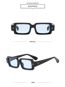 Vue détaillée de lunettes de soleil rectangulaires avec rivets argentés et verres bleus