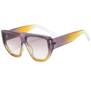 Oversized polygonal sunglasses with purple and yellow gradient flat top frames
