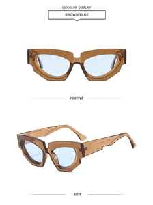 Detailed front and side view of cat-eye sunglasses with amber frames and blue lenses