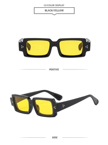 Détails de lunettes de soleil rectangulaires noires vintage avec verres jaunes et rivets
