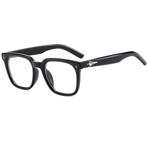 Fashionable black square sunglasses with silver star metal accents on white background