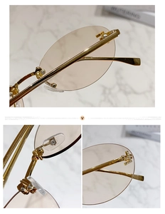 Detail of gold metal bridge with silicone nose pads and rhinestone accents on rimless sunglasses