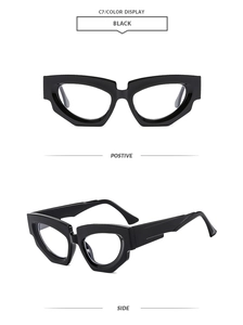 Front and side view of black geometric cat-eye sunglasses with thick frames
