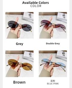 Detail view of four colored rimless oval sunglasses with F-logo and metal temples