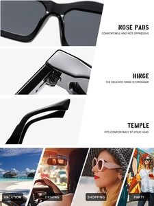 Detail showing comfortable nose pads, reinforced hinges and sturdy legs of black sunglasses