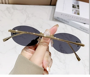 Close-up of frameless oval sunglasses with dark lenses and slim golden metal temples