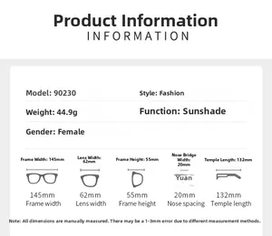 Guide des tailles pour lunettes de soleil carrées sans monture avec spécifications