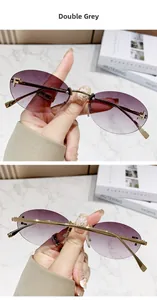 Detailed close-up of rimless oval sunglasses featuring purple gradient lenses and F-letter decor