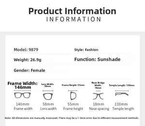 Spécifications détaillées et dimensions pour le modèle 9879 lunettes de soleil en métal chic
