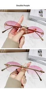 Detail of rimless oval sunglasses with purple gradient lenses and rhinestone F decoration