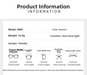 Tableau des tailles pour lunettes œil de chat 9887 montrant la largeur de monture