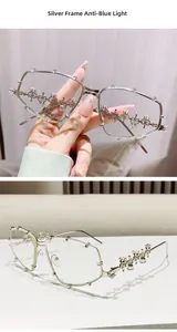 Detail of silver metal frame glasses with sparkling rhinestones and anti-blue light lens