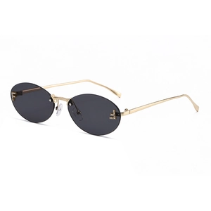 Fashion rimless oval sunglasses with gold temples and crystal F-logo decoration
