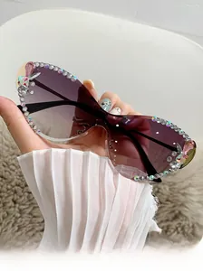 Détail de lunettes de soleil œil de chat sans monture avec strass colorés et dégradé violet