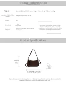 Detailed size chart for the PU leather handbag showing 28x6x14cm dimensions and capacity